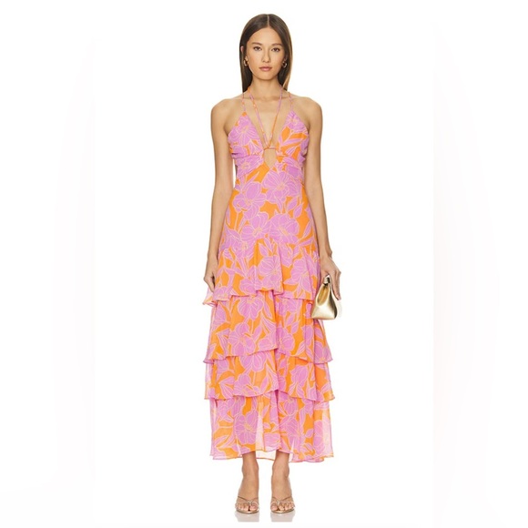 ASTR The Label Women's Large Aneira Dress Orange Purple Floral Maxi Ruffle Strap - Picture 2 of 16